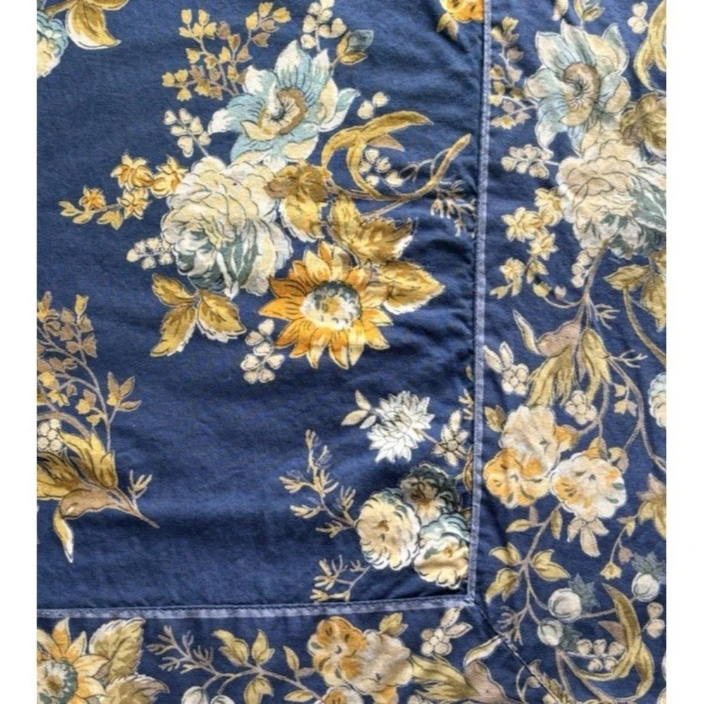 Vtg April Cornell Floral Tablecloth Navy Gold Cream 100% Cotton 48